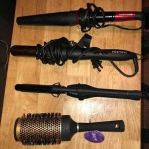 Three multi- sized CURLING IRONS W/ BLOWOUT BRUSH